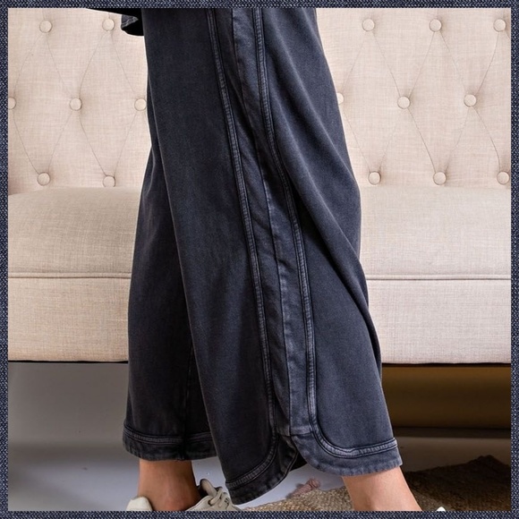 EASEL "So Comfy" Mineral Washed Pants Cotton Terry Side Leg Detail Elastic Waist - Picture 5 of 16
